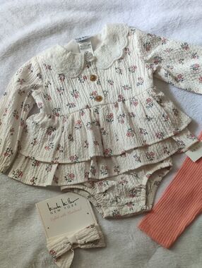 Nicole Miller 7 PC Peach Baby Girl Bubble/Zephyr Pink/White Floral/Plaid 3/6M